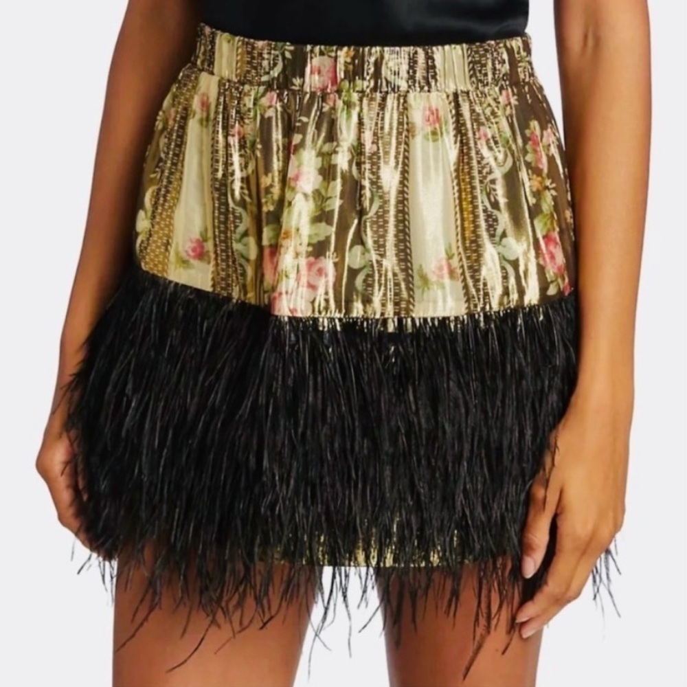 NWT LOVESHACKFANCY Black Feather Trim & Rose Metallic Gold Mini Skirt Sz Medium